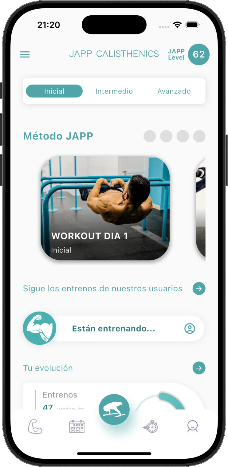 JAPP Calisthenics app - pantalla de inicio con planes de entrenamiento